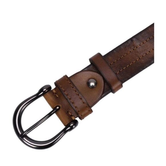 Mens 42 Brown Full Grain Leather Casual Belt Silver Alloy Buckle New Gift Boxed - Picture 3 of 8